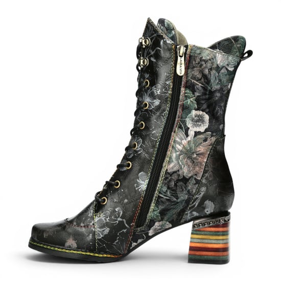 Laura Vita Goth Victoriaans Bloemen Zwart Leren Hoge Veterlaarzen - Ibcano-15 - Image 3