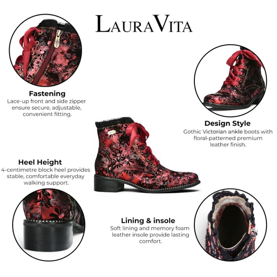 Laura Vita Floral Gothic Victoriaanse Rode Leren Enkellaarzen met Hoge Hakken - Emcmao-45 - Image 2