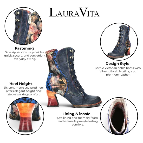 Laura Vita Goth Victoriaanse Bloemenblauwe Leren Veterlaarzen met Hoge Hakken - Eleao-42 - Image 2