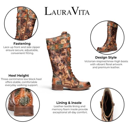 Laura Vita Women's Tan Floral Victorian Leather High Combat Long Boots - Anitao-21 - Image 2
