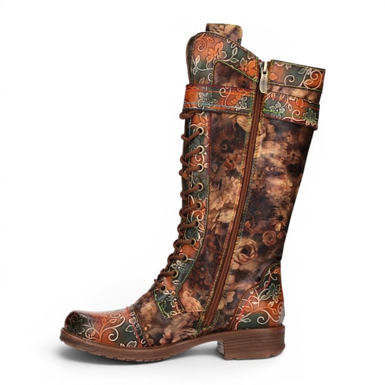 Laura Vita Women's Tan Floral Victorian Leather High Combat Long Boots - Anitao-21 - Image 3