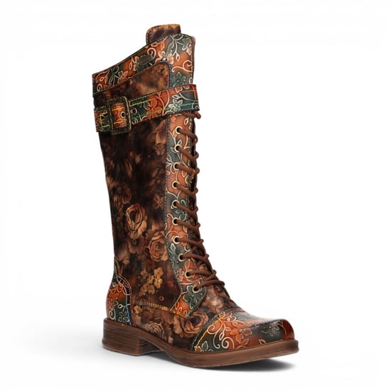 Laura Vita Women's Tan Floral Victorian Leather High Combat Long Boots - Anitao-21 - Image 4