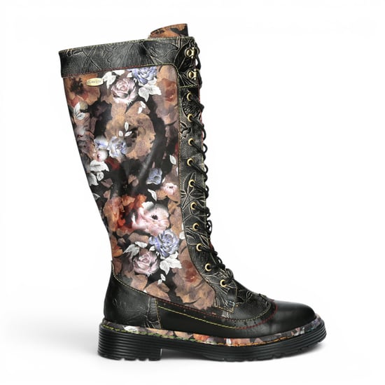 Laura Vita Dames bordeauxrode gotische Victoriaanse Bloemen Zwarte Leren Kniehoge Veterlaarzen - Incaso-50 - Image 1