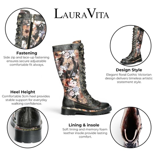 Laura Vita Dames bordeauxrode gotische Victoriaanse Bloemen Zwarte Leren Kniehoge Veterlaarzen - Incaso-50 - Image 2