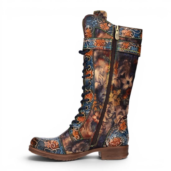 Laura Vita Women's Blue Floral Victorian Leather High Combat Long Boots - Anitao-21 - Image 3