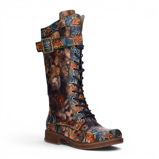 Laura Vita Women's Blue Floral Victorian Leather High Combat Long Boots - Anitao-21 - Image 4