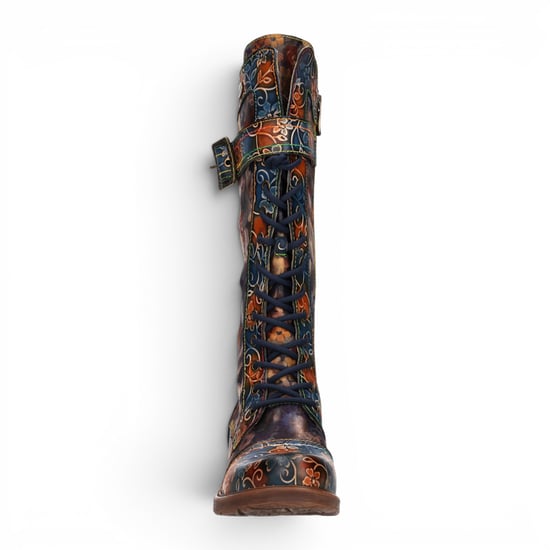 Laura Vita Women's Blue Floral Victorian Leather High Combat Long Boots - Anitao-21 - Image 5