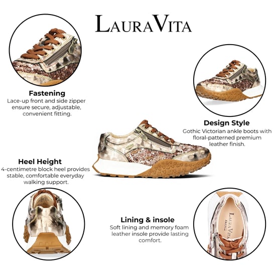 Laura Vita Dames Bloemengouden Leren Trainer Sneaker Schoenen - Evitao-03 - Image 2
