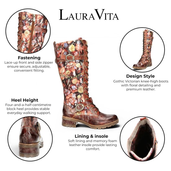 Laura Vita Victoriaanse Floral Maroon Leather High Strike-Up lange laarzen - Cocrailo-82 - Image 2