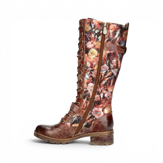 Laura Vita Victoriaanse Floral Maroon Leather High Strike-Up lange laarzen - Cocrailo-82 - Image 3