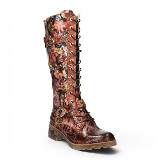 Laura Vita Victoriaanse Floral Maroon Leather High Strike-Up lange laarzen - Cocrailo-82 - Image 4