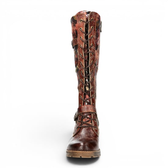 Laura Vita Victoriaanse Floral Maroon Leather High Strike-Up lange laarzen - Cocrailo-82 - Image 5