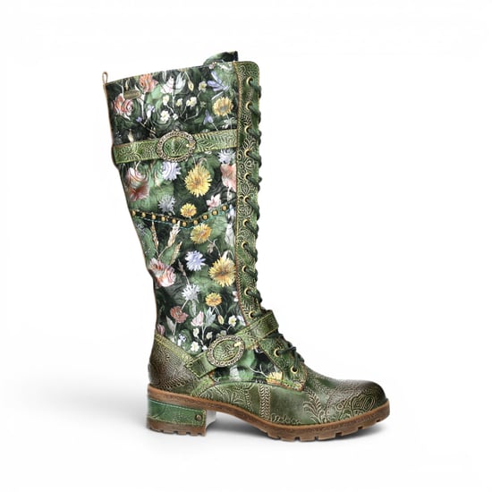 Laura Vita Victoriaanse Floral Green Leren Hoge Veterlaarzen - Cocrailo-82 - Image 1