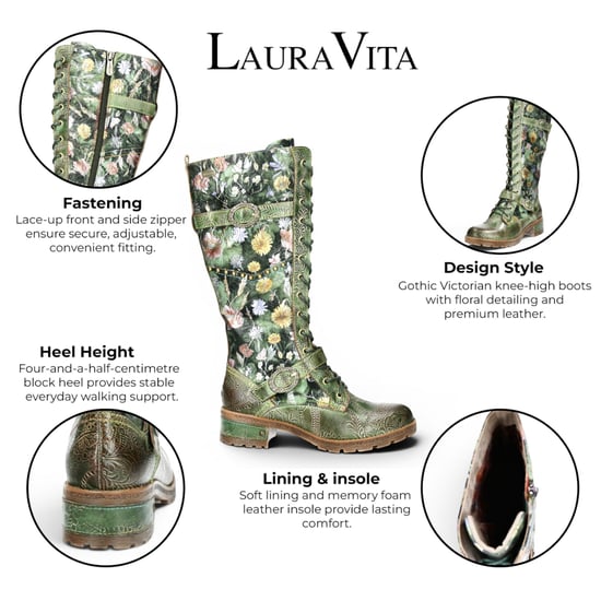 Laura Vita Victoriaanse Floral Green Leren Hoge Veterlaarzen - Cocrailo-82 - Image 2