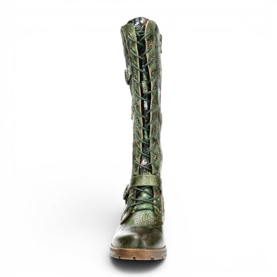 Laura Vita Victoriaanse Floral Green Leren Hoge Veterlaarzen - Cocrailo-82 - Image 5
