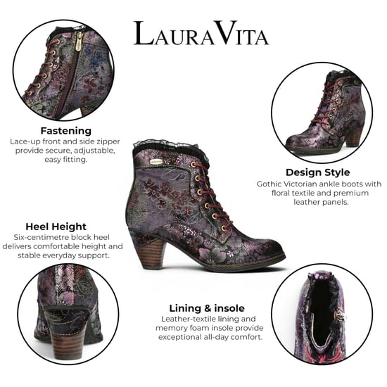 Laura Vita Dames Bloemen Goth Victoriaans Violet Leren Enkellaarzen met hakken - Alcizeeo-190 - Image 2