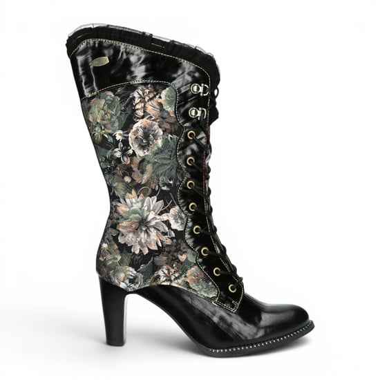Laura Vita Floral Goth Victoriaanse Zwarte Leren Hoge Laarzen met Hoge Hakken - Alcbane-351 - Image 1