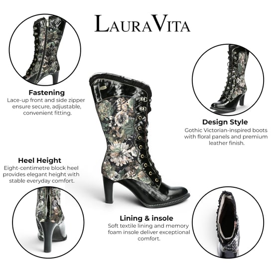 Laura Vita Floral Goth Victoriaanse Zwarte Leren Hoge Laarzen met Hoge Hakken - Alcbane-351 - Image 2