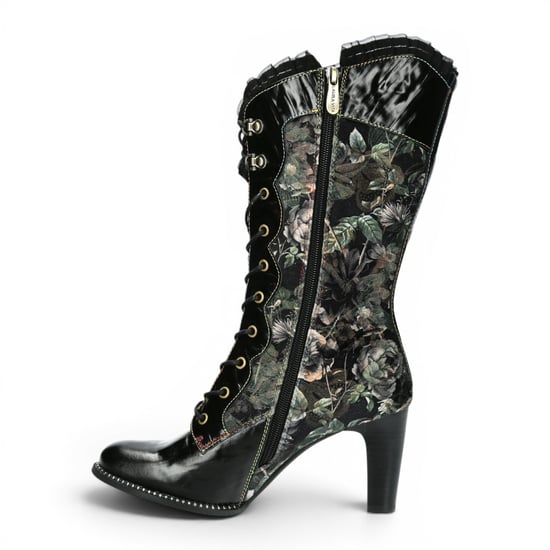 Laura Vita Floral Goth Victoriaanse Zwarte Leren Hoge Laarzen met Hoge Hakken - Alcbane-351 - Image 3