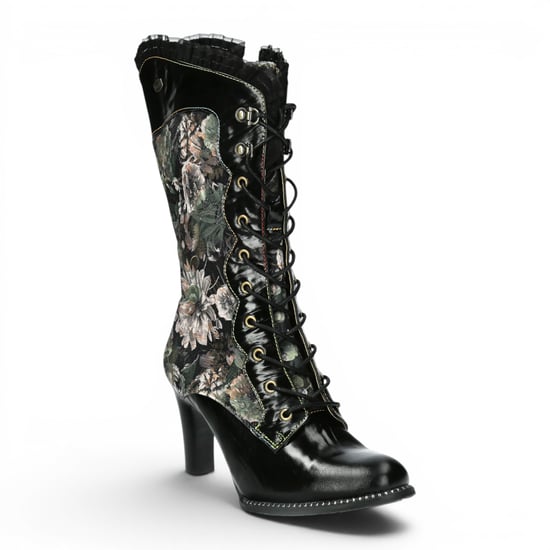 Laura Vita Floral Goth Victoriaanse Zwarte Leren Hoge Laarzen met Hoge Hakken - Alcbane-351 - Image 4