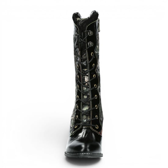 Laura Vita Floral Goth Victoriaanse Zwarte Leren Hoge Laarzen met Hoge Hakken - Alcbane-351 - Image 5