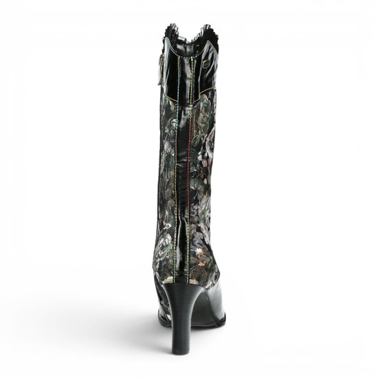 Laura Vita Floral Goth Victoriaanse Zwarte Leren Hoge Laarzen met Hoge Hakken - Alcbane-351 - Image 6