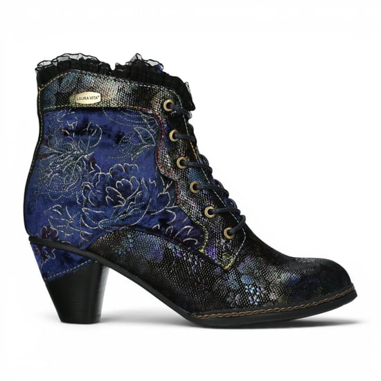 Laura Vita Dames Bloemen Goth Victoriaans blauw leren enkellaarzen met hakken - Alcizeeo-190 - Image 1