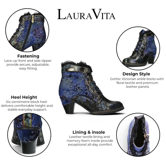 Laura Vita Dames Bloemen Goth Victoriaans blauw leren enkellaarzen met hakken - Alcizeeo-190 - Image 2