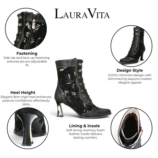 Laura Vita Gothic Victoriaanse zwarte leren veterlaarzen met hakken - Oanelo-03 - Image 2