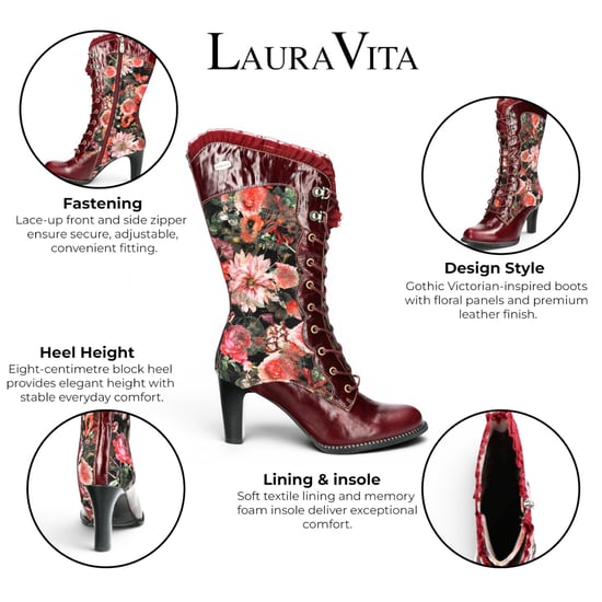 Laura Vita Floral Dames Goth Victoriaanse rode leren hoge laarzen met hakken - Alcbane-351 - Image 2