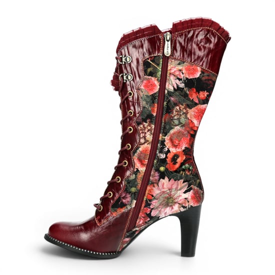 Laura Vita Floral Dames Goth Victoriaanse rode leren hoge laarzen met hakken - Alcbane-351 - Image 3