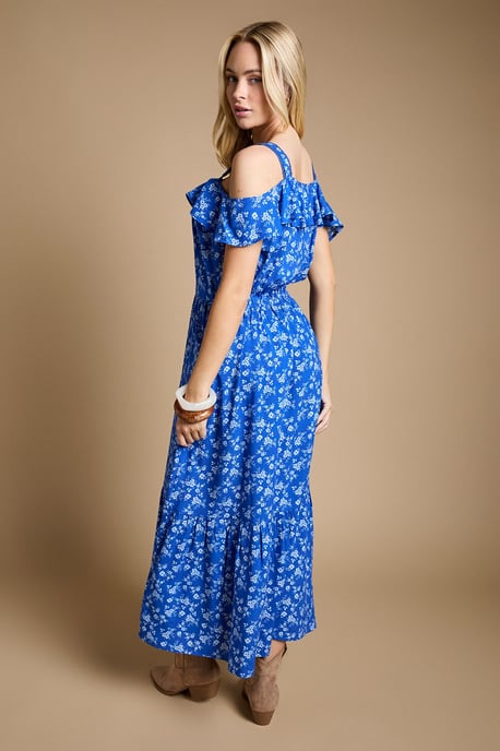 Blue Floral Frill Neckline Button Front Tiered Midaxi Dress - Image 3