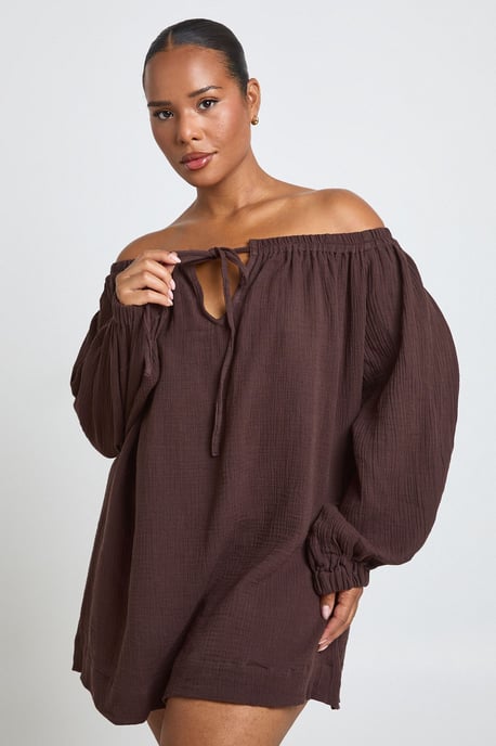 Plus Bardot Volume Sleeve Beach Dress - Image 3