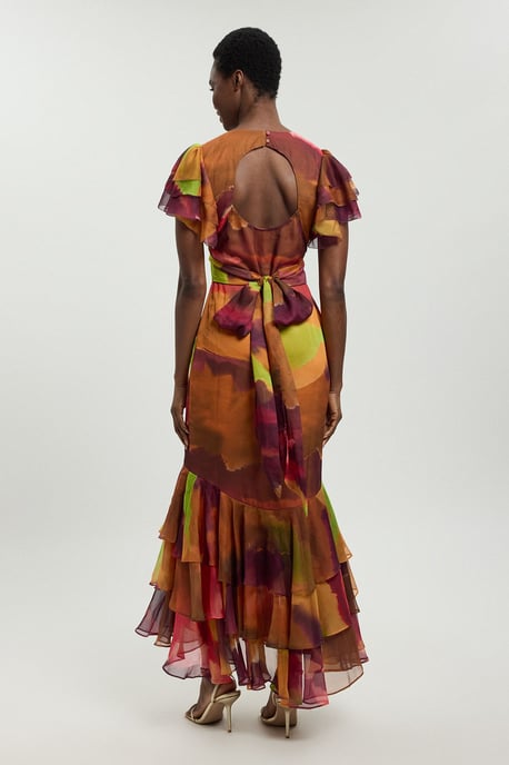 Abstract Print Ruffle Sleeve Button Through Midi Dress - Image 3