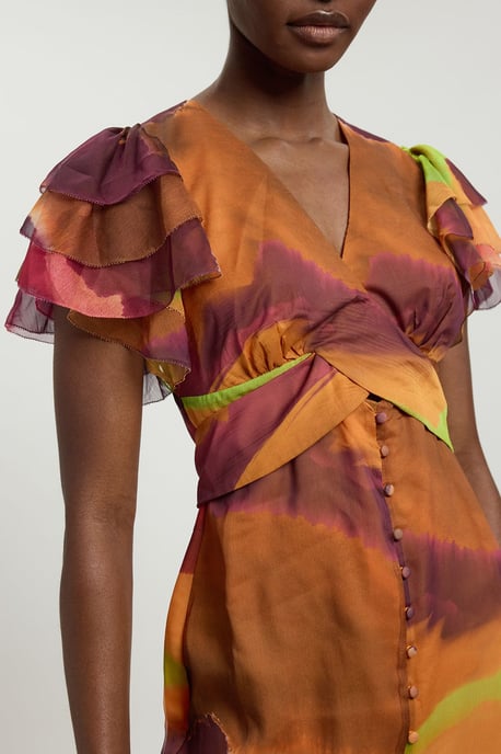 Abstract Print Ruffle Sleeve Button Through Midi Dress - Image 4