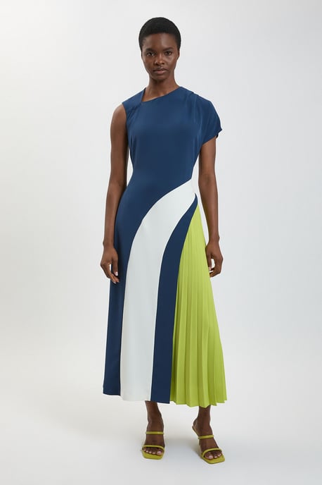 Soft Tailored Colour Block High Neck Pleated Midi Dress - Image 4