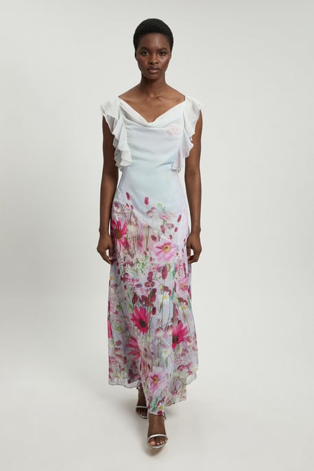 Crinkle Georgette Floral Print Ruffle Sleeve Woven Midi Dress - Image 1