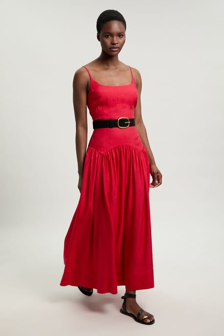 Viscose Linen Belted Drop Waist Woven Midi Dress - Image 1