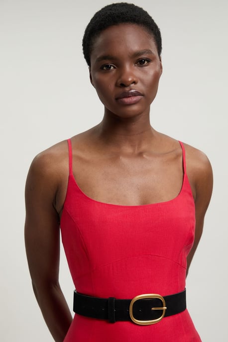 Viscose Linen Belted Drop Waist Woven Midi Dress - Image 2