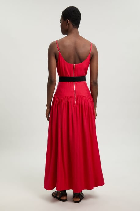 Viscose Linen Belted Drop Waist Woven Midi Dress - Image 3