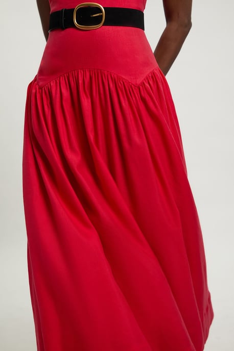 Viscose Linen Belted Drop Waist Woven Midi Dress - Image 4