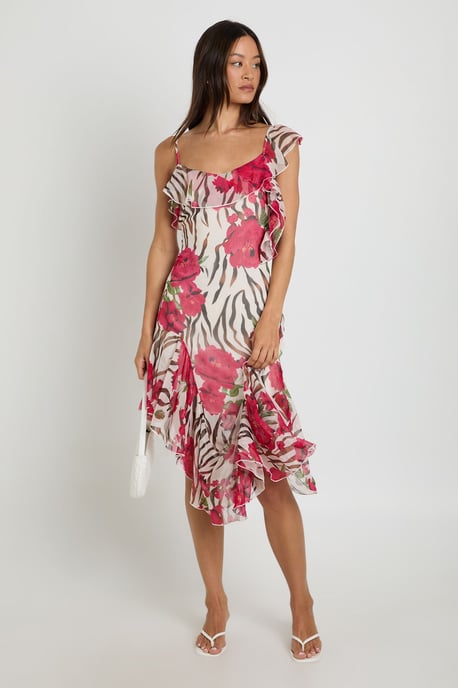 Tall Chiffon Ruffle Detail Floral Asymmetric Midi Dress - Image 1