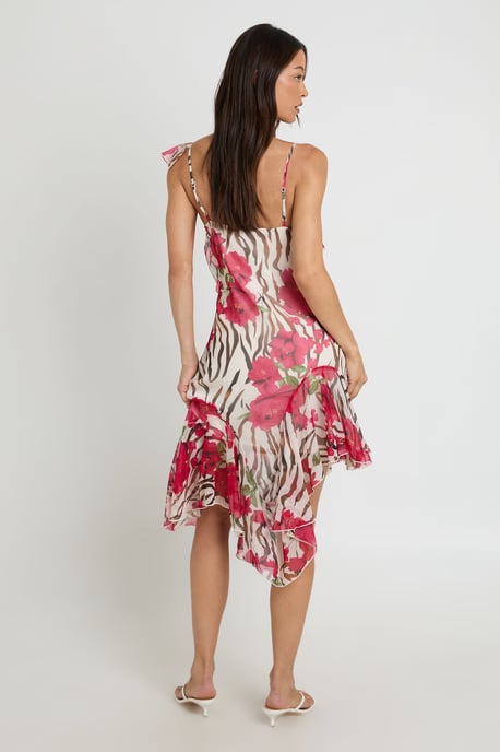 Tall Chiffon Ruffle Detail Floral Asymmetric Midi Dress - Image 2