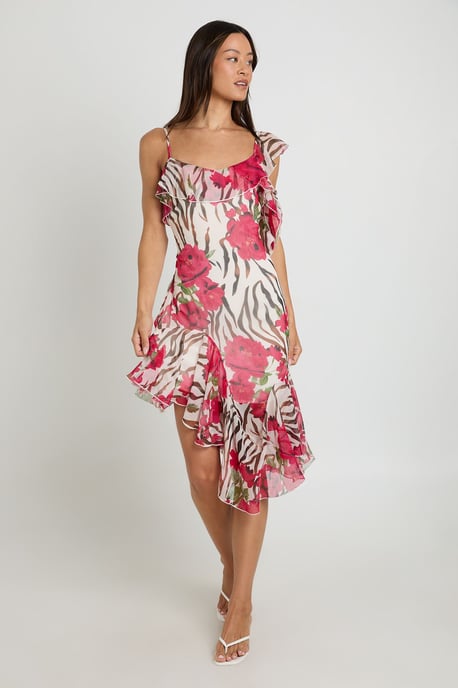 Tall Chiffon Ruffle Detail Floral Asymmetric Midi Dress - Image 3