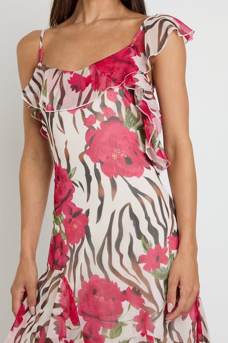 Tall Chiffon Ruffle Detail Floral Asymmetric Midi Dress - Image 4