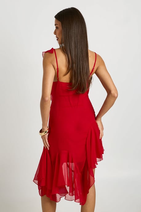 Chiffon Ruffle Detail Asymmetric Midi Dress - Image 2