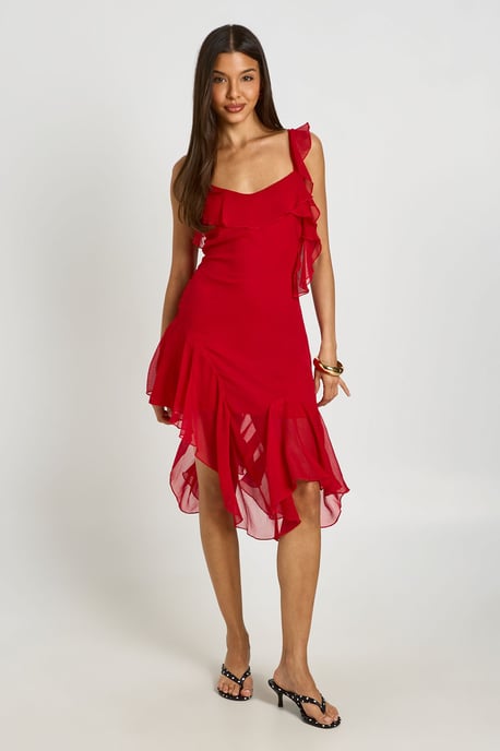 Chiffon Ruffle Detail Asymmetric Midi Dress - Image 3