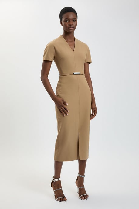 Petite Compact Stretch Tailored Belted Midi Pencil Dress - Image 1