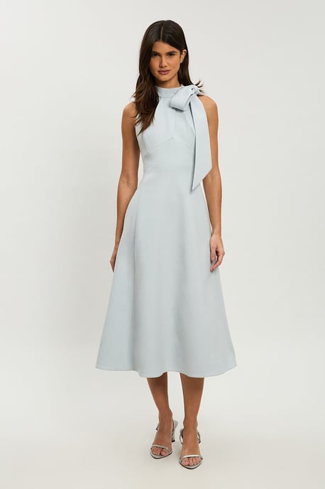 Petite Compact Stretch Bow Tie Neck Full Skirted Midi Dress - Image 1