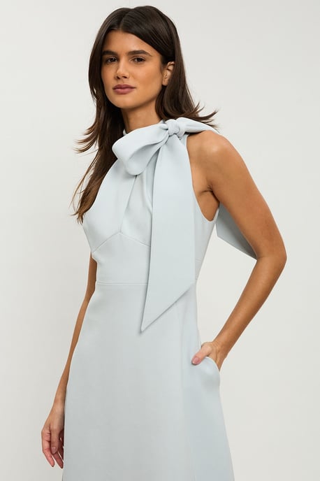 Petite Compact Stretch Bow Tie Neck Full Skirted Midi Dress - Image 2